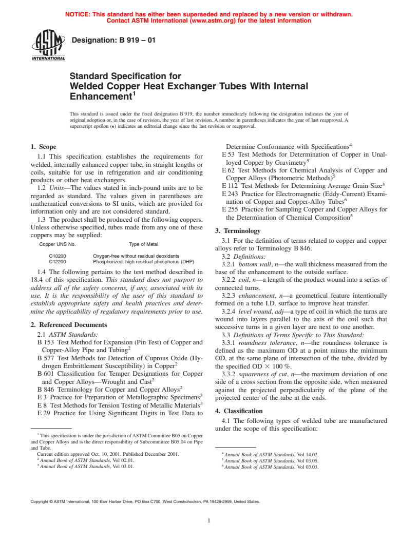 ASTM B919-01 - Standard Specification for Welded Copper Heat Exchanger Tubes With Internal Enhancement