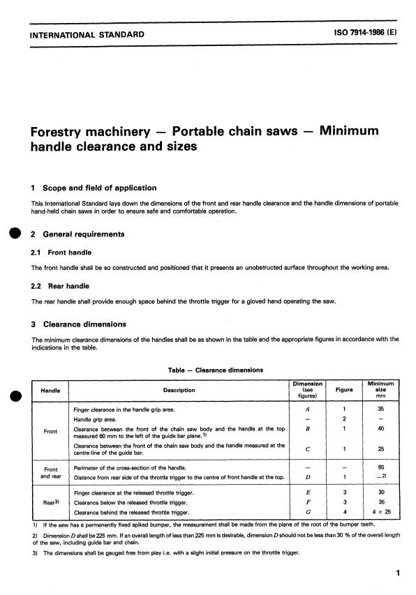 ISO 7914:1986 - Forestry machinery -- Portable chain saws -- Minimum handle clearance and sizes