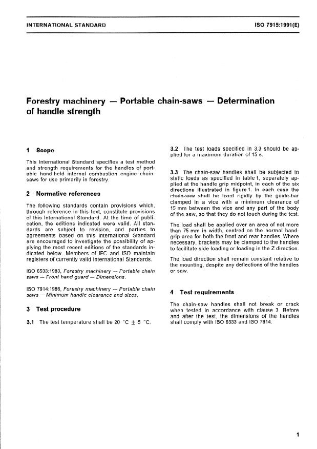 ISO 7915:1991 - Forestry machinery -- Portable chain-saws -- Determination of handle strength