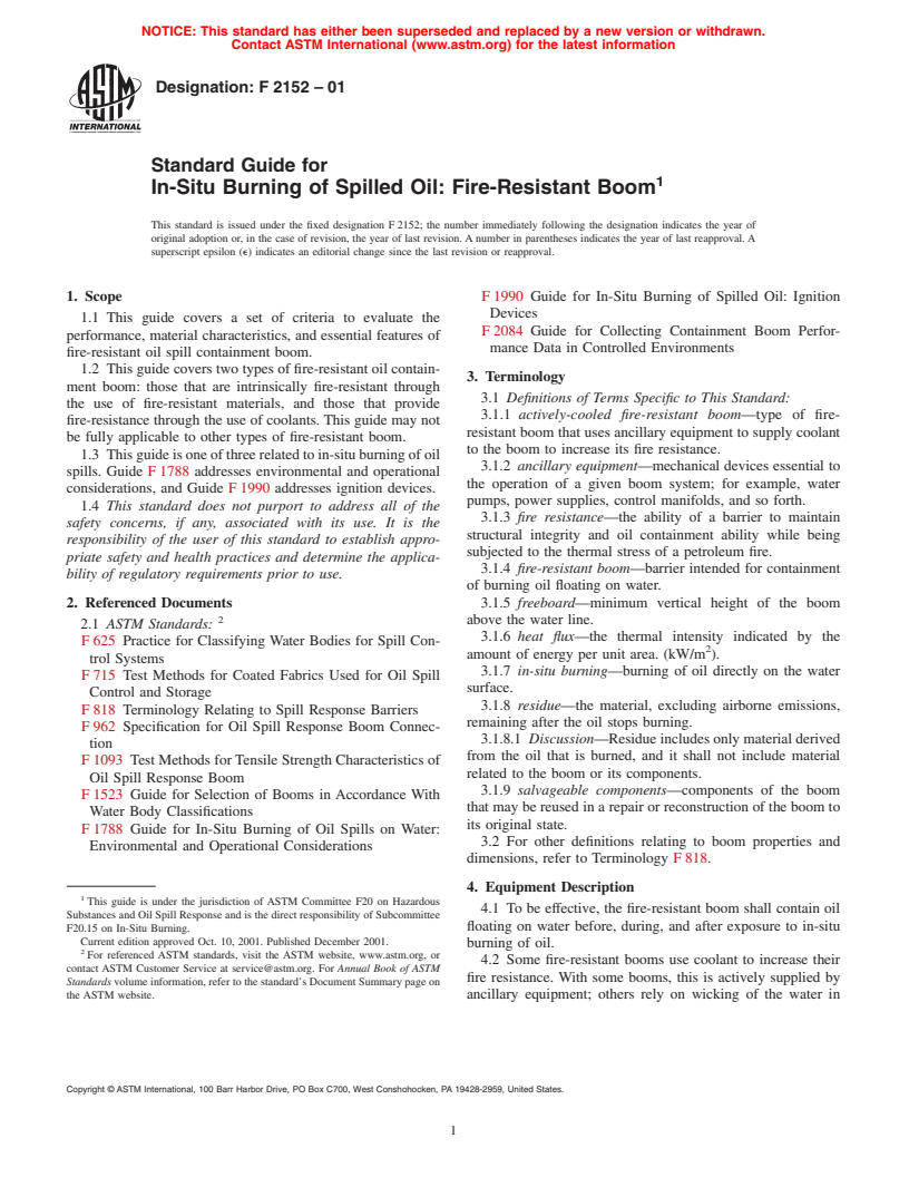 ASTM F2152-01 - Standard Guide for In-Situ Burning of Spilled Oil: Fire-Resistant Boom