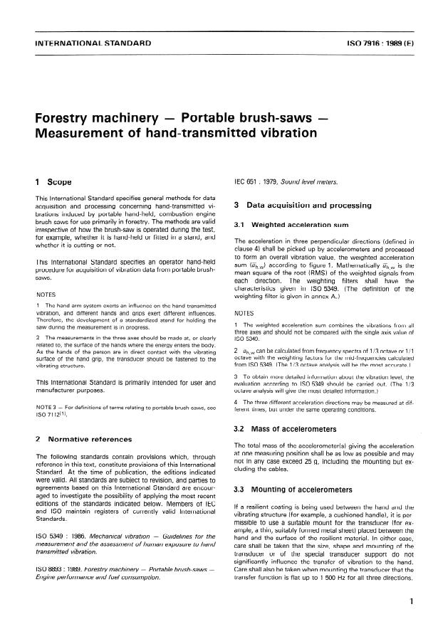 ISO 7916:1989 - Forestry machinery -- Portable brush-saws -- Measurement of hand-transmitted vibration