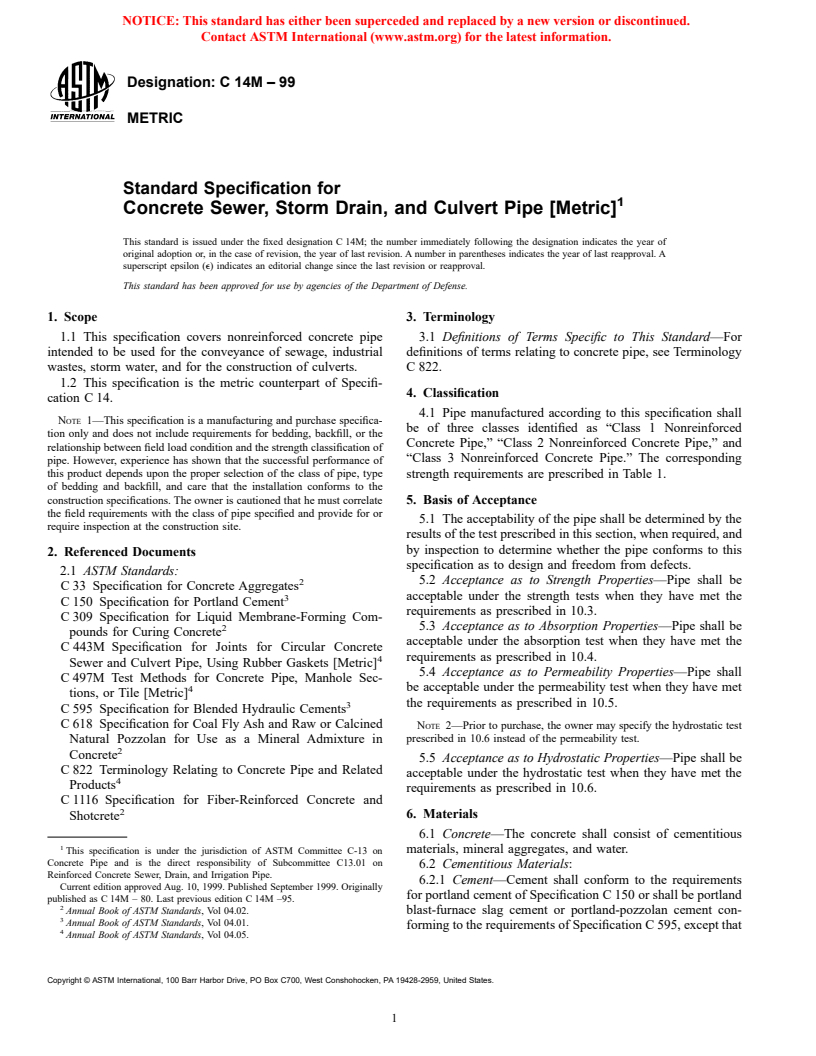 ASTM C14M-99 - Standard Specification for Concrete Sewer, Storm Drain, and Culvert Pipe (Metric)