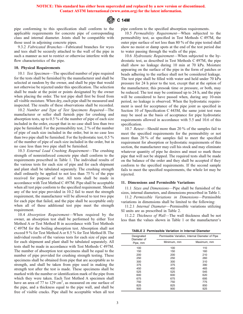 ASTM C14M-99 - Standard Specification for Concrete Sewer, Storm Drain, and Culvert Pipe (Metric)