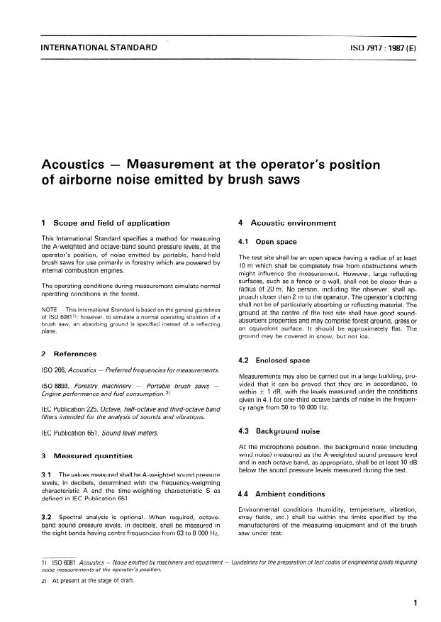ISO 7917:1987 - Acoustics -- Measurement at the operator's position of airborne noise emitted by brush saws
