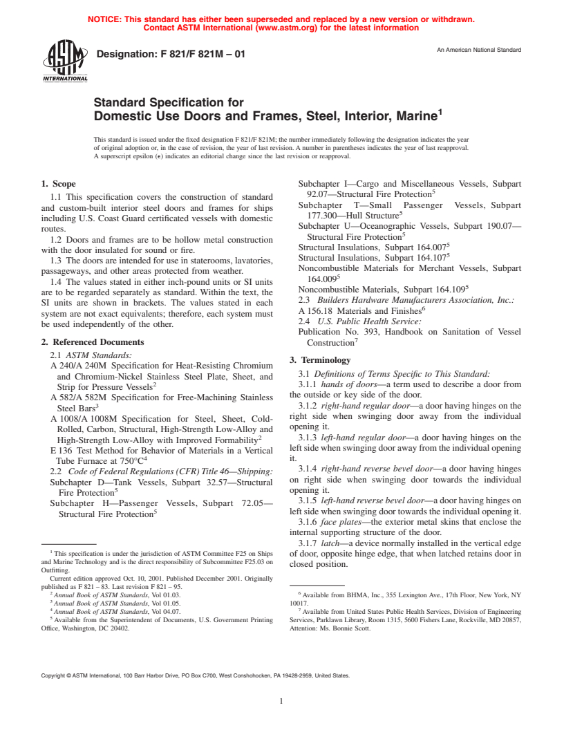 ASTM F821/F821M-01 - Standard Specification for Domestic Use Doors and Frames, Steel, Interior, Marine