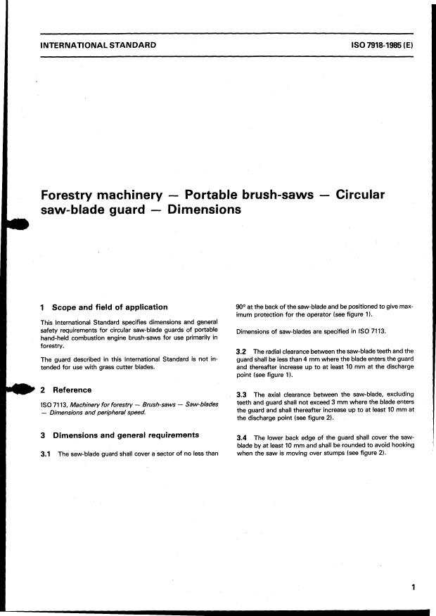 ISO 7918:1985 - Forestry machinery -- Portable brush-saws -- Circular saw-blade guard -- Dimensions