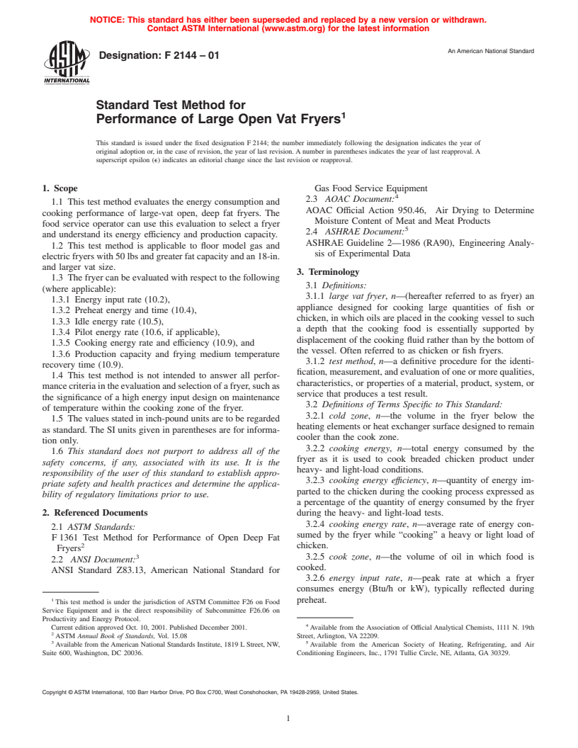 ASTM F2144-01 - Standard Test Method for Performance of Large Open Vat Fryers