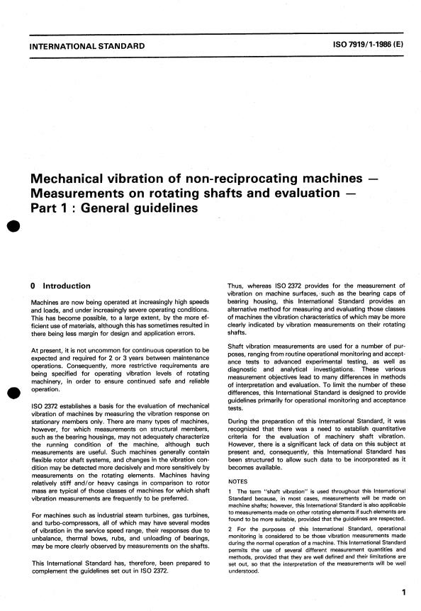 ISO 7919-1:1986 - Mechanical vibration of non-reciprocating machines -- Measurements on rotating shafts and evaluation