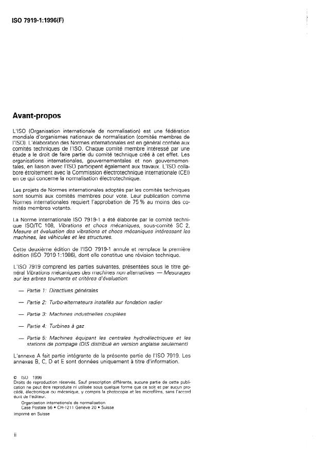 ISO 7919-1:1996 ISO 7919-1:1996 - Vibrations mécaniques des machines non alternatives -- Mesurages sur les arbres tournants et criteres d'évaluation - Page 2 preview
