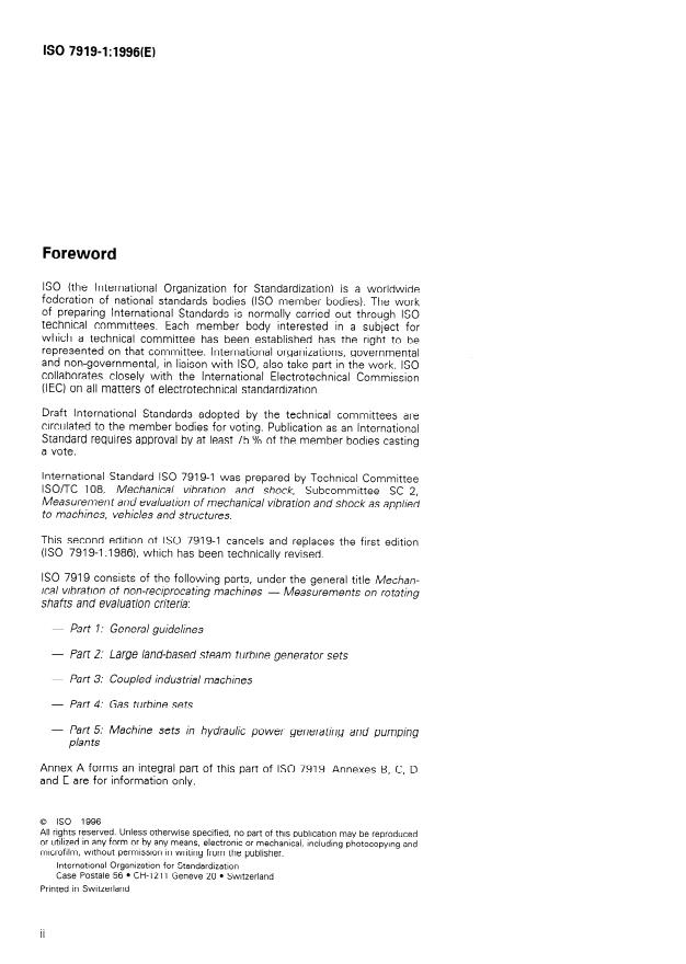 ISO 7919-1:1996 ISO 7919-1:1996 - Mechanical vibration of non-reciprocating machines -- Measurements on rotating shafts and evaluation criteria - Page 2 preview