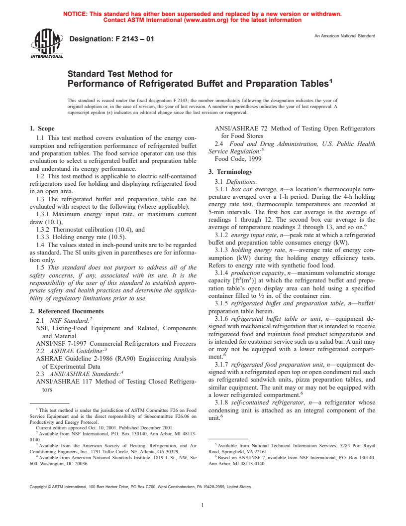 ASTM F2143-01 - Standard Test Method for Performance of Refrigerated Buffet and Preparation Tables