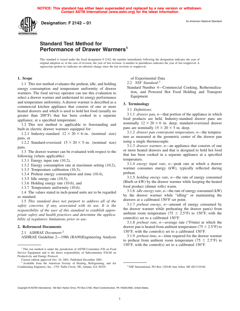 ASTM F2142-01 - Standard Test Method for Performance of Drawer Warmers