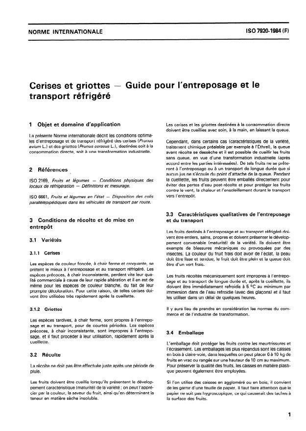 ISO 7920:1984 - Cerises et griottes -- Guide pour l'entreposage et le transport réfrigéré