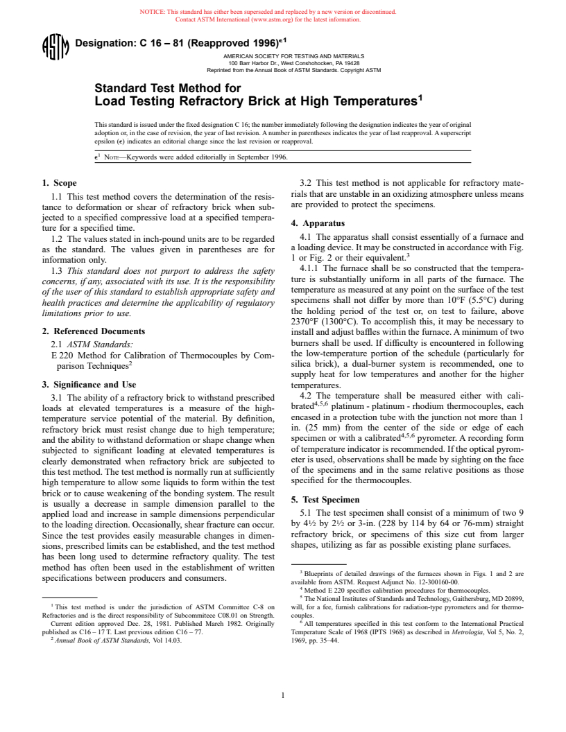 ASTM C16-81(1996)e1 - Standard Test Method for Load Testing Refractory Brick at High Temperatures