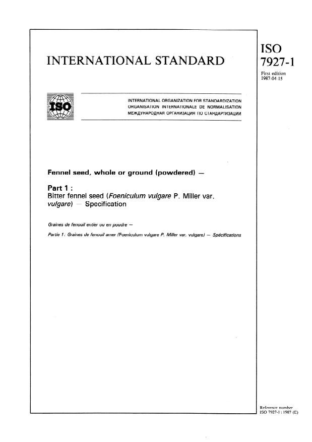ISO 7927-1:1987 - Fennel seed, whole or ground (powdered)