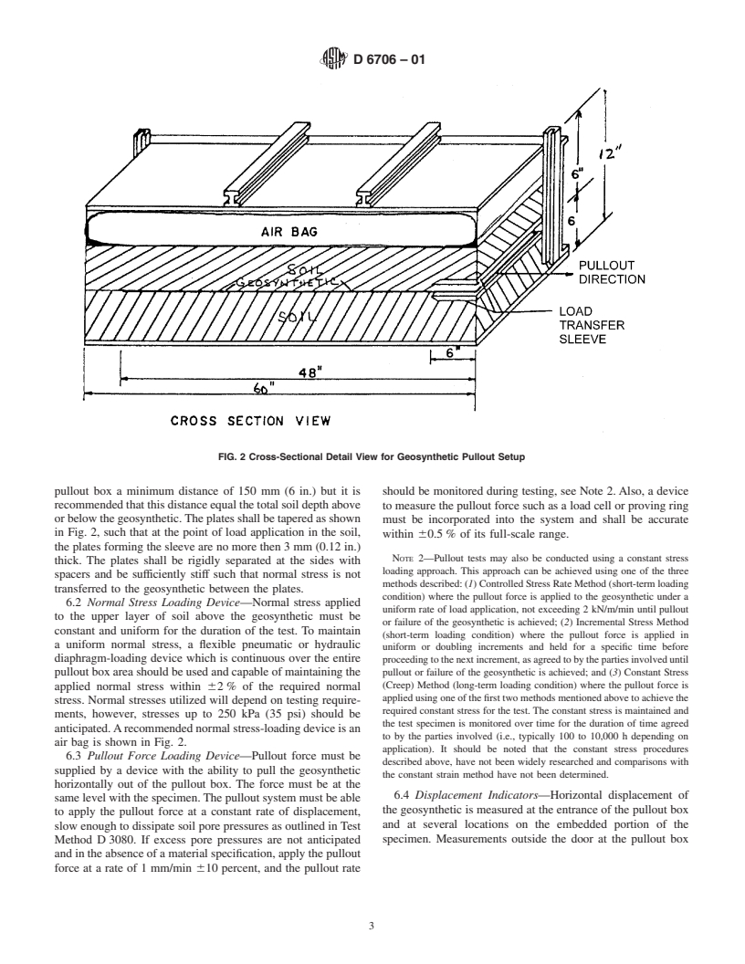 ASTM D6706-01 - Standard Test Method for Measuring Geosynthetic Pullout Resistance in Soil