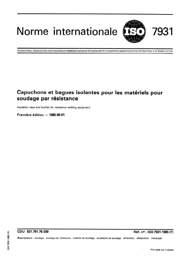 ISO 7931:1985 - Capuchons et bagues isolantes pour les matériels pour soudage par résistance