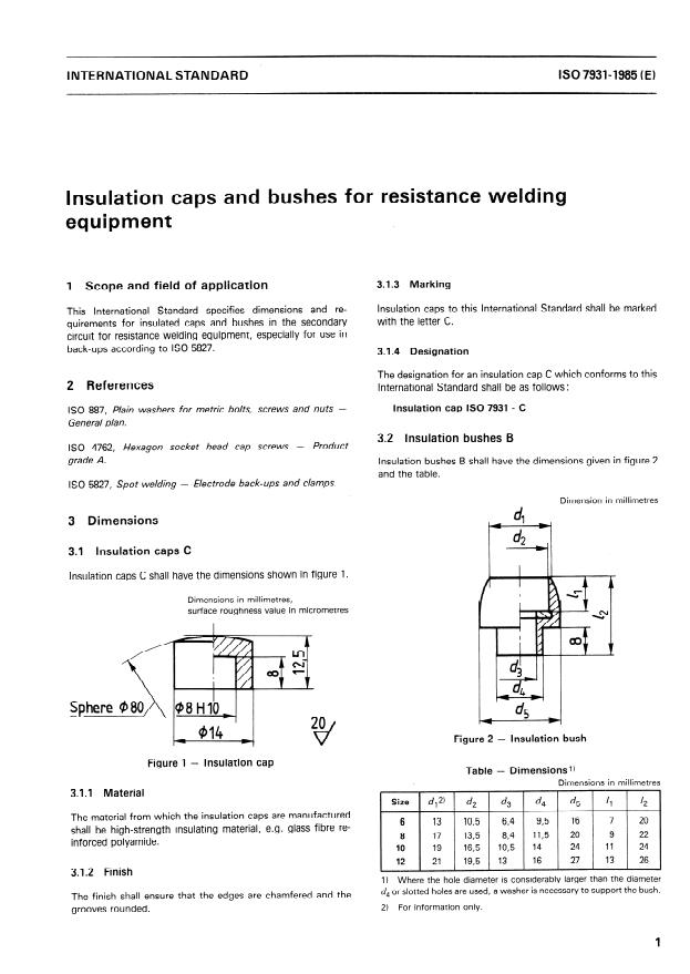 ISO 7931:1985 - Insulation caps and bushes for resistance welding equipment