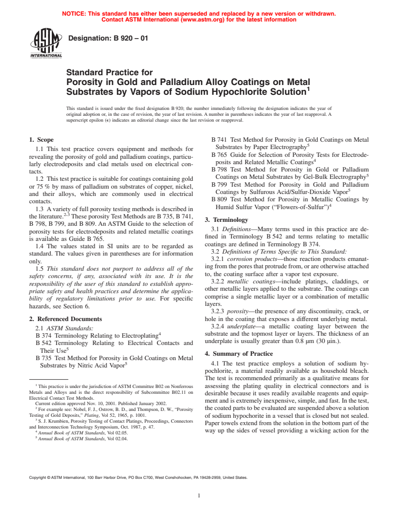 ASTM B920-01 - Standard Practice for Porosity in Gold and Palladium Alloy Coatings on Metal Substrates by Vapors of Sodium Hypochlorite Solution