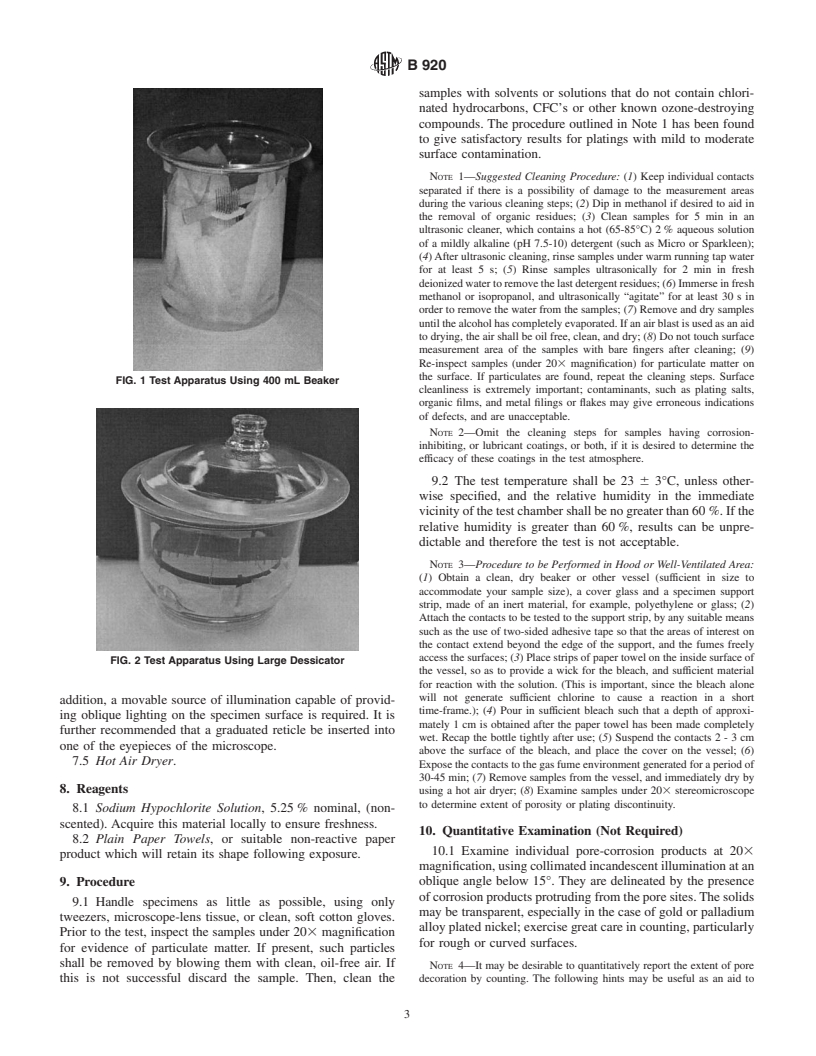 ASTM B920-01 - Standard Practice for Porosity in Gold and Palladium Alloy Coatings on Metal Substrates by Vapors of Sodium Hypochlorite Solution