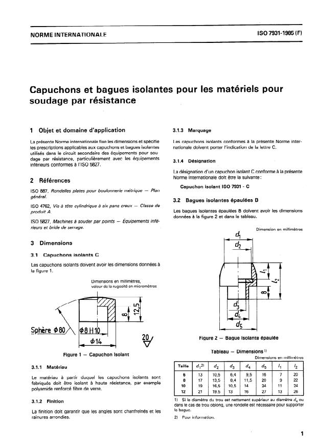 ISO 7931:1985 - Capuchons et bagues isolantes pour les matériels pour soudage par résistance
