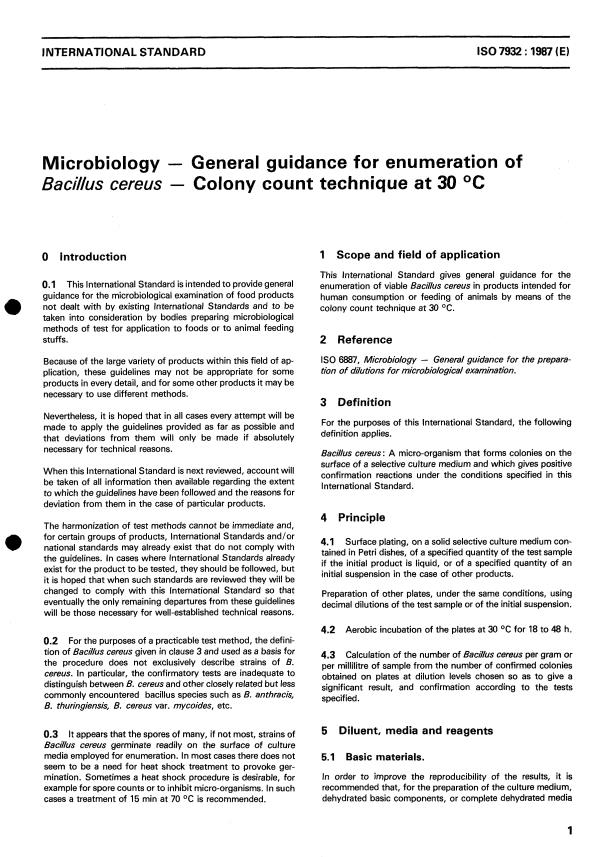 ISO 7932:1987 - Microbiology -- General guidance for enumeration of Bacillus cereus -- Colony count technique at 30 degrees C