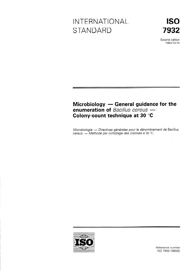 ISO 7932:1993 - Microbiology -- General guidance for the enumeration of Bacillus cereus -- Colony-count technique at 30 degrees C