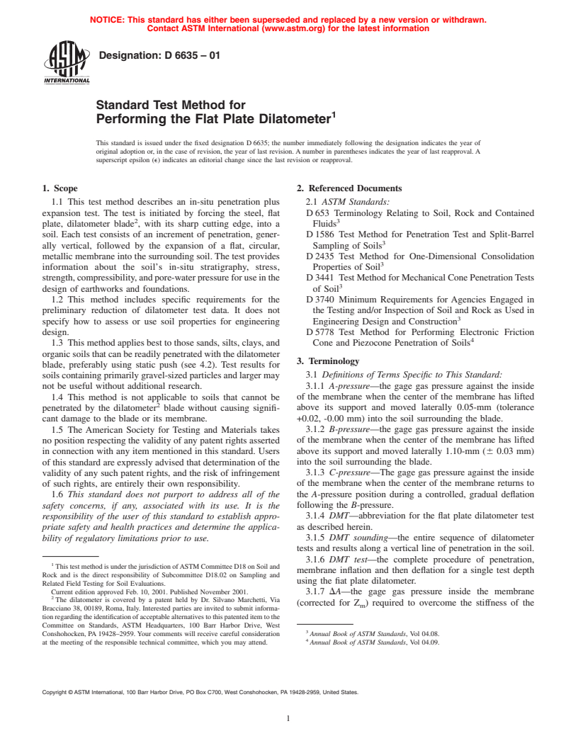 ASTM D6635-01 - Standard Test Method for Performing the Flat Plate Dilatometer