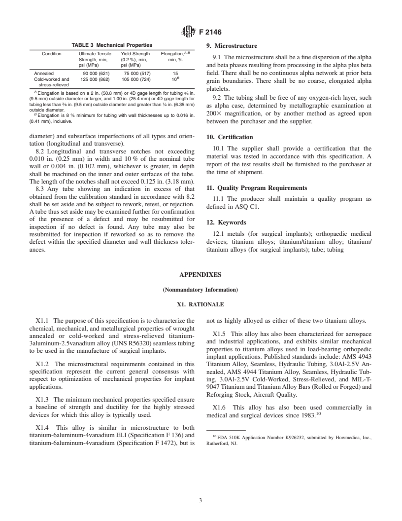 ASTM F2146-01 - Standard Specification for Wrought Titanium-3Aluminum-2.5Vanadium Alloy Seamless Tubing for Surgical Implant Applications (UNS R56320)