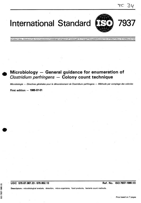 ISO 7937:1985 - Microbiology -- General guidance for enumeration of Clostridium perfringens -- Colony-count technique