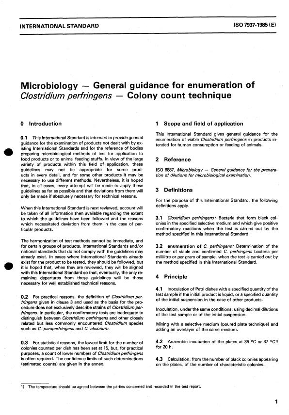 ISO 7937:1985 - Microbiology -- General guidance for enumeration of Clostridium perfringens -- Colony-count technique