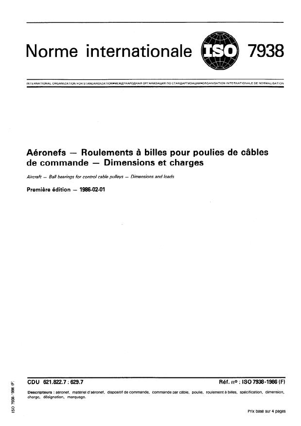 ISO 7938:1986 - Aéronefs -- Roulements a billes pour poulies de câbles de commande -- Dimensions et charges