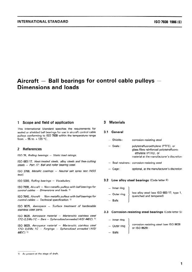 ISO 7938:1986 - Aircraft -- Ball bearings for control cable pulleys -- Dimensions and loads