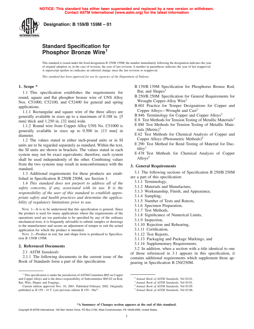 ASTM B159/B159M-01 - Standard Specification for Phosphor Bronze Wire