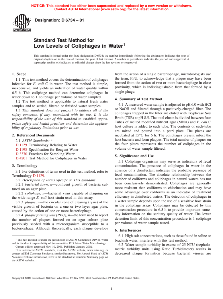 ASTM D6734-01 - Standard Test Method for Low Levels of Coliphages in Water