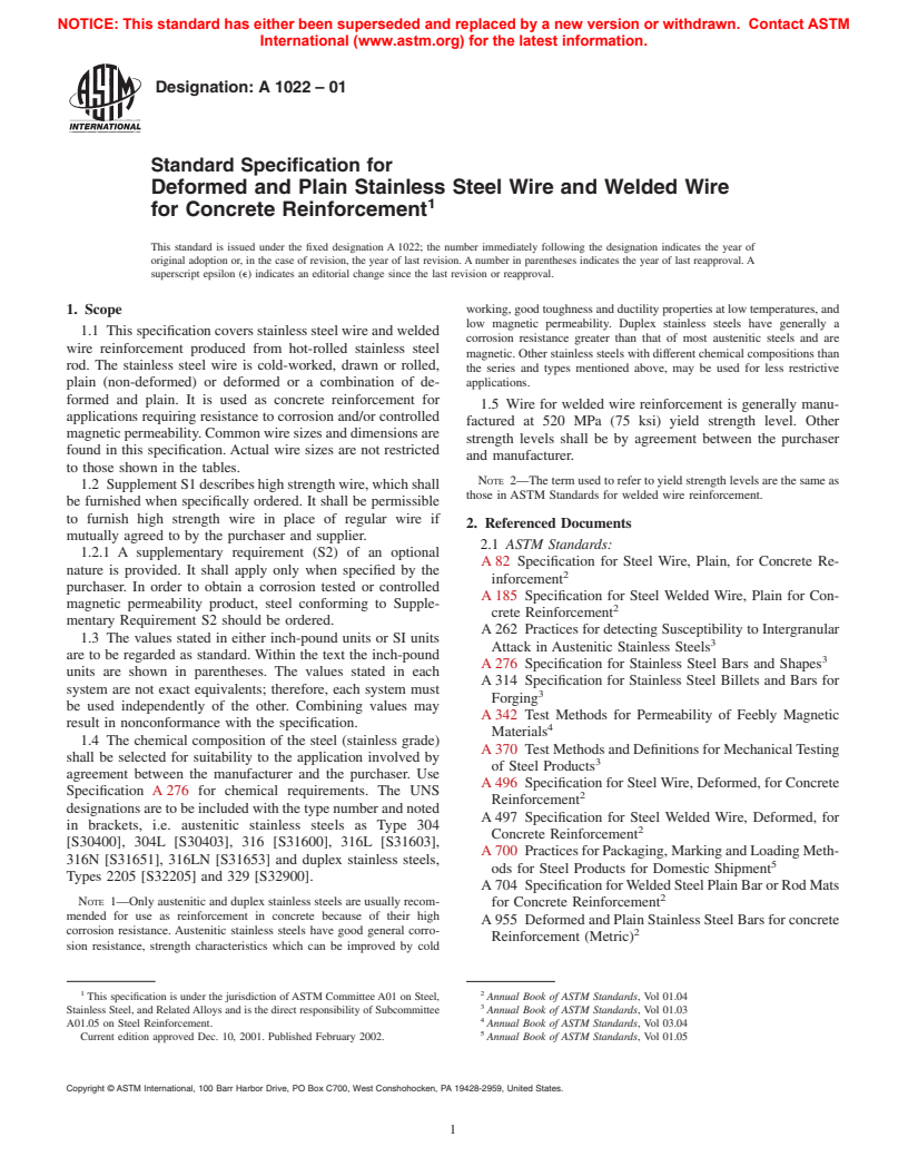 ASTM A1022-01 - Standard Specification for Deformed and Plain Stainless Steel Wire and Welded Wire for Concrete Reinforcement