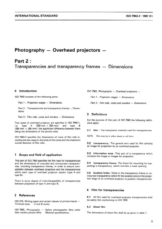 ISO 7943-2:1987 - Photography -- Overhead projectors