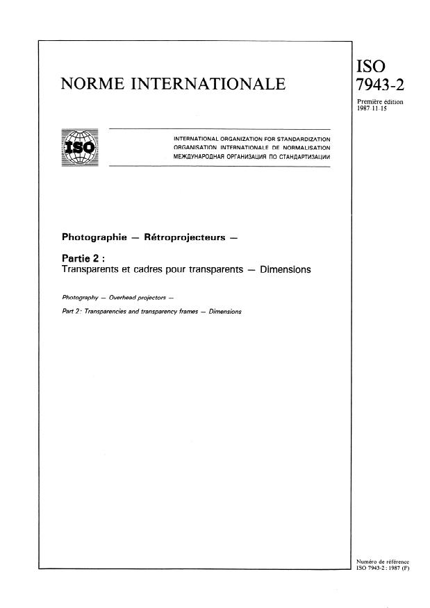 ISO 7943-2:1987 - Photographie -- Rétroprojecteurs