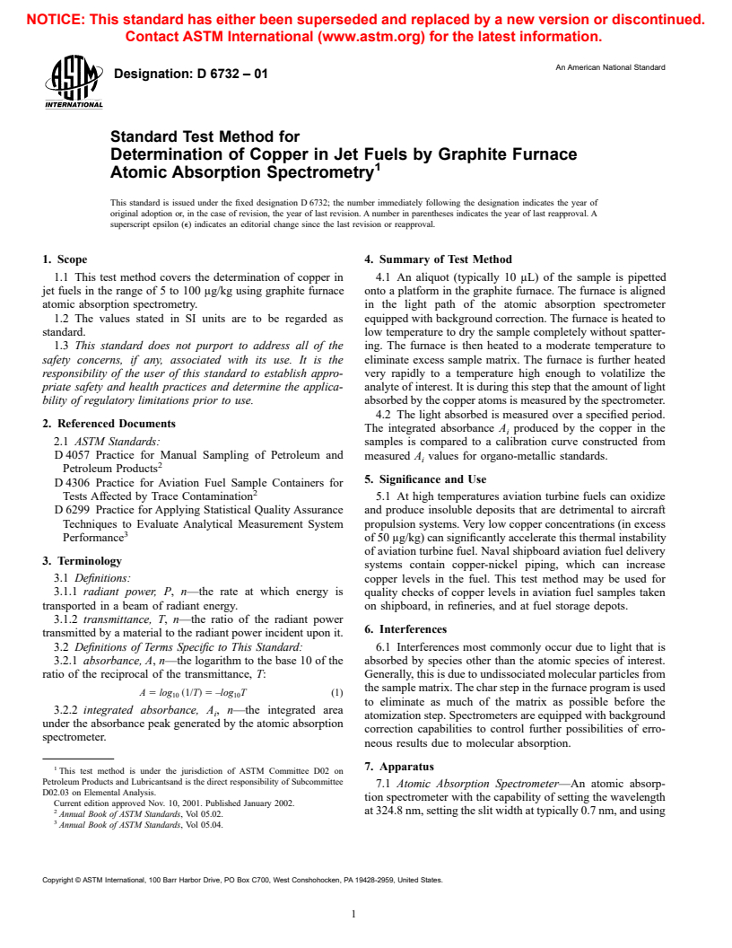 ASTM D6732-01 - Standard Test Method for Determination of Copper in Jet Fuels by Graphite Furnace Atomic Absorption Spectrometry