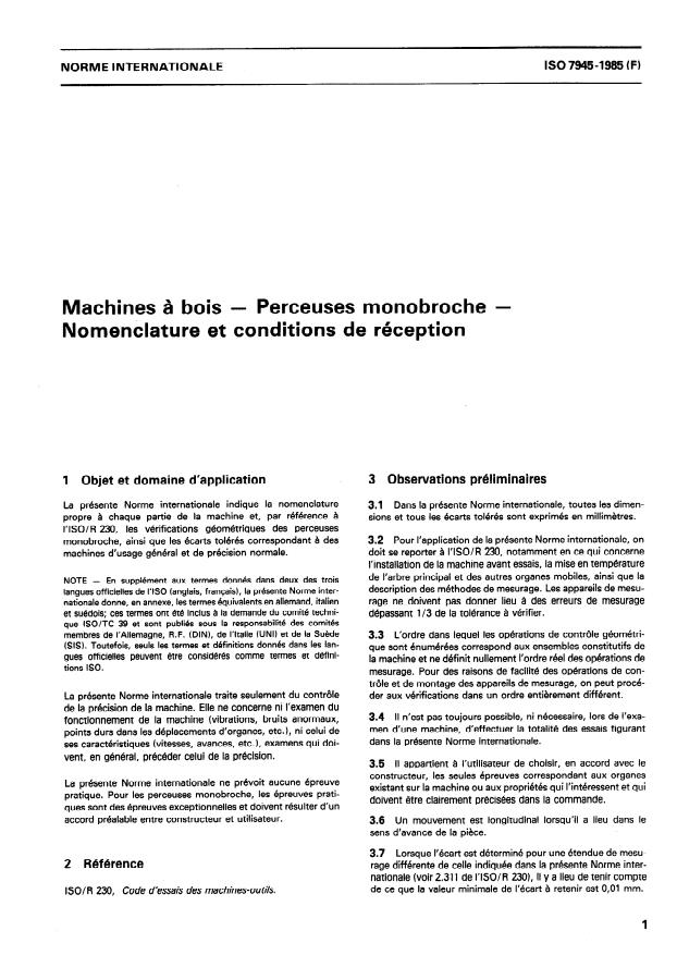 ISO 7945:1985 - Machines a bois -- Perceuses monobroche -- Nomenclature et conditions de réception