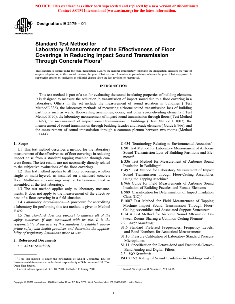 ASTM E2179-01 - Standard Test Method for Laboratory Measurement of the Effectiveness of Floor Coverings in Reducing Impact Sound Transmission Through Concrete Floors