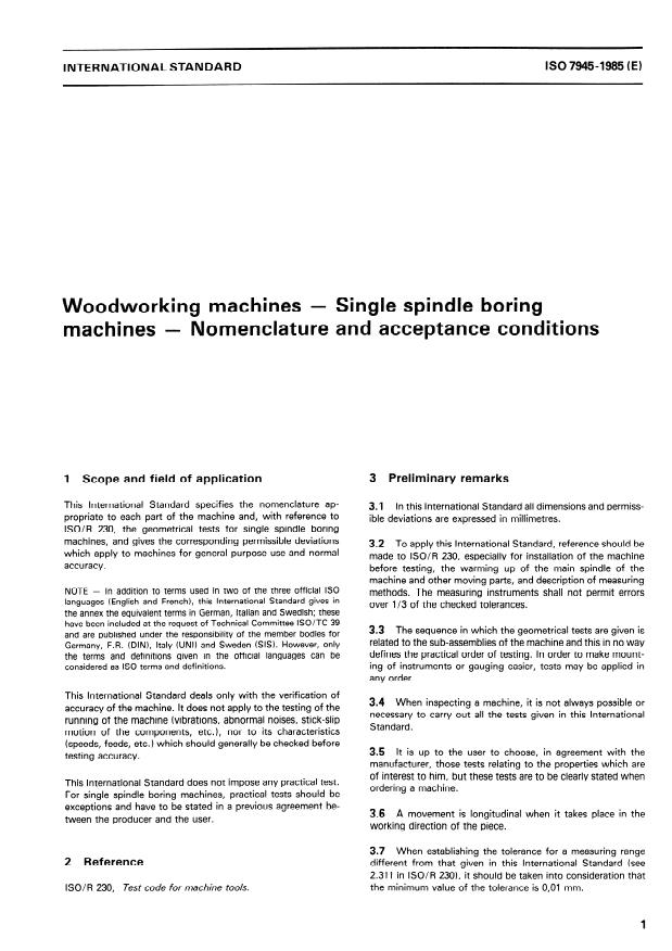 ISO 7945:1985 - Woodworking machines -- Single spindle boring machines -- Nomenclature and acceptance conditions