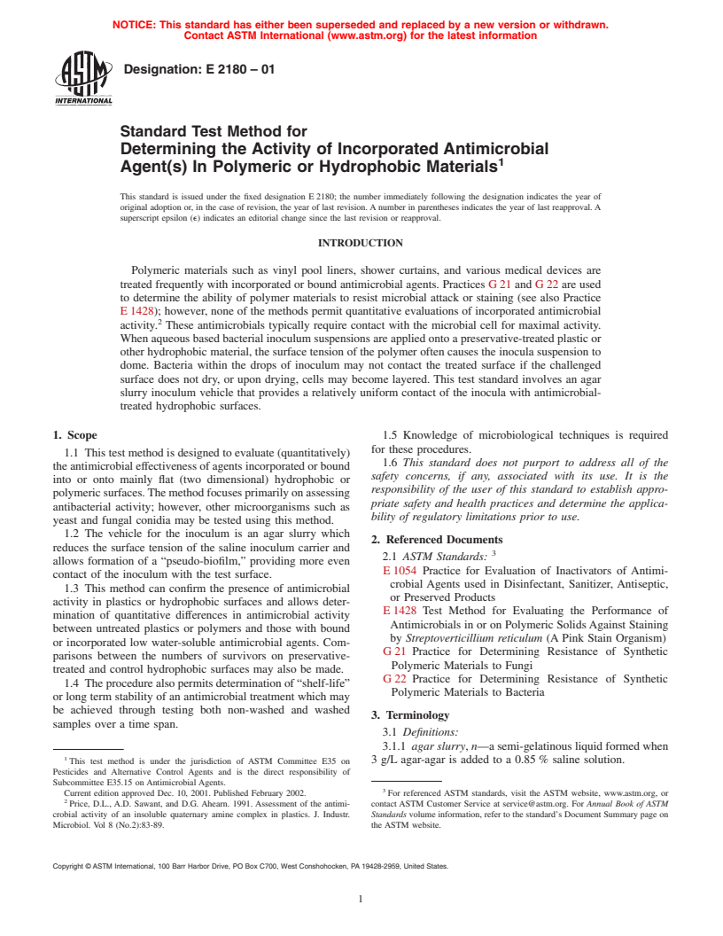 ASTM E2180-01 - Standard Test Method for Determining the Activity of Incorporated Antimicrobial Agent(s) In Polymeric or Hydrophobic Materials