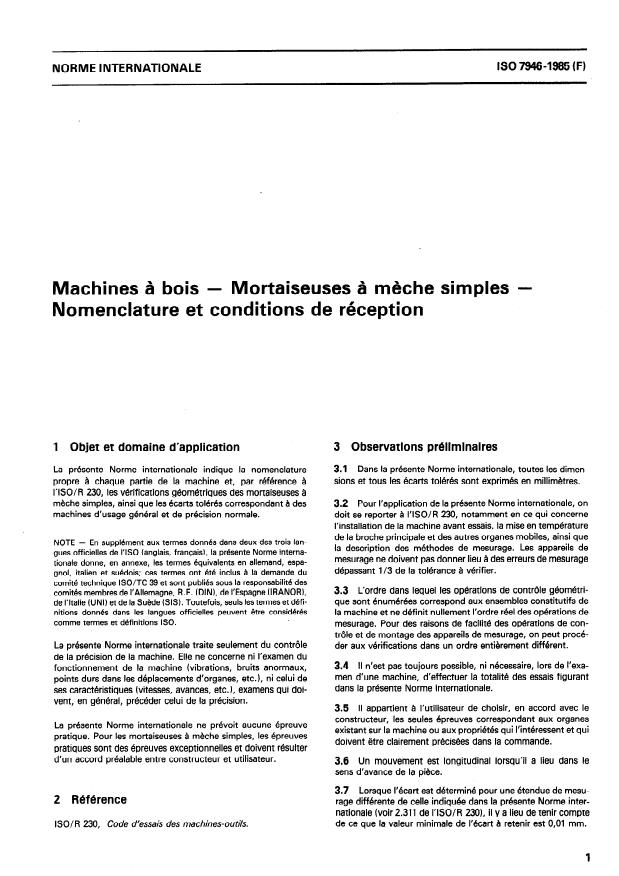 ISO 7946:1985 - Machines a bois -- Mortaiseuses a meche simples -- Nomenclature et conditions de réception