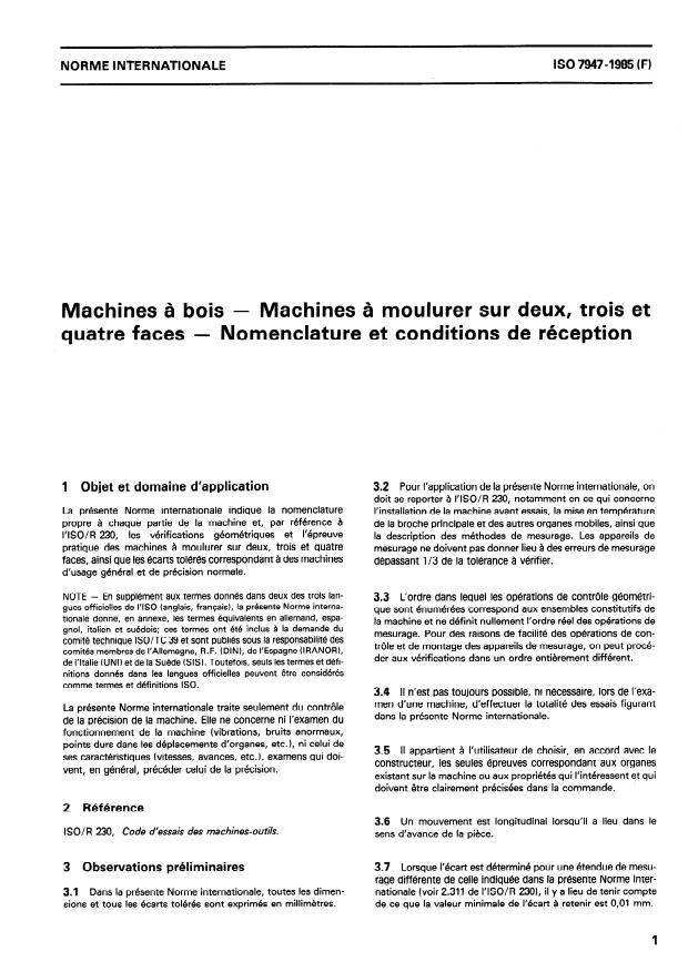 ISO 7947:1985 - Machines a bois -- Machines a moulurer sur deux, trois et quatre faces -- Nomenclature et conditions de réception