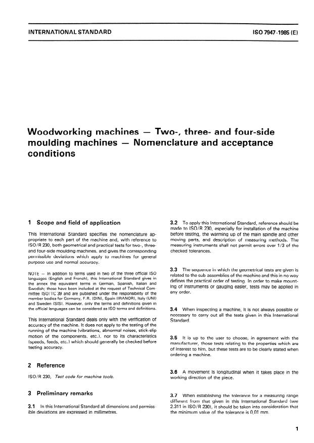 ISO 7947:1985 - Woodworking machines -- Two-, three- and four-side moulding machines -- Nomenclature and acceptance conditions