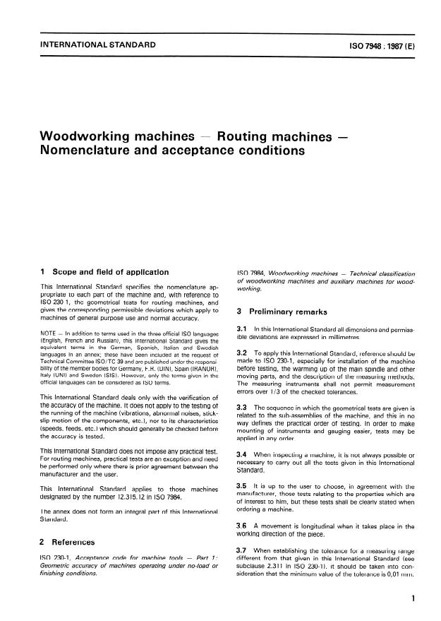 ISO 7948:1987 - Woodworking machines -- Routing machines -- Nomenclature and acceptance conditions