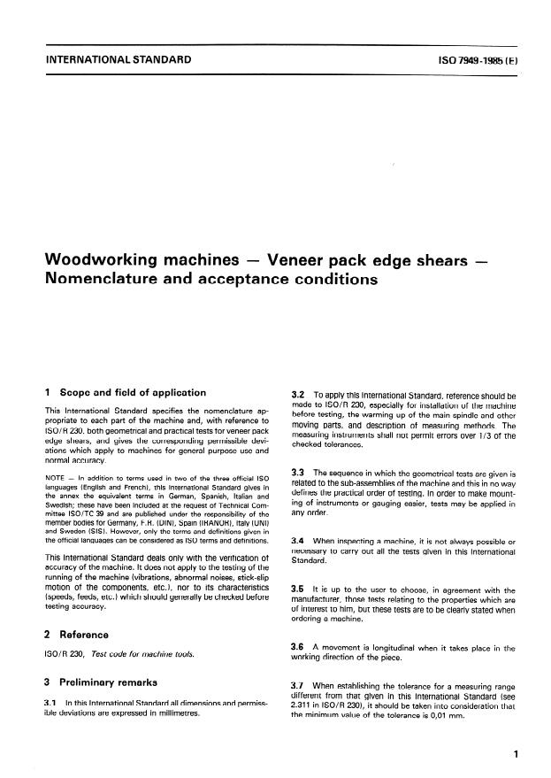 ISO 7949:1985 - Woodworking machines -- Veneer pack edge shears -- Nomenclature and acceptance conditions