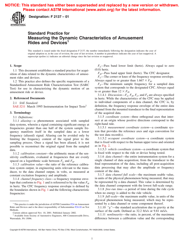 ASTM F2137-01 - Standard Practice for Measuring the Dynamic Characteristics of Amusement Rides and Devices