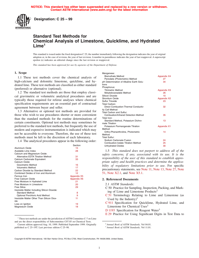 ASTM C25-99 - Standard Test Methods for Chemical Analysis of Limestone, Quicklime, and Hydrated Lime